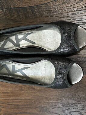 Anne Klein Sport Women's Peep Toe Wedge Pumps, Pewter Metallic Snake-Embossed